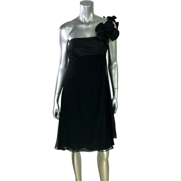 Ricky Freeman for Teri Jon One-Shoulder Black Silk Dress With Floral Accent 6 - Picture 8 of 13